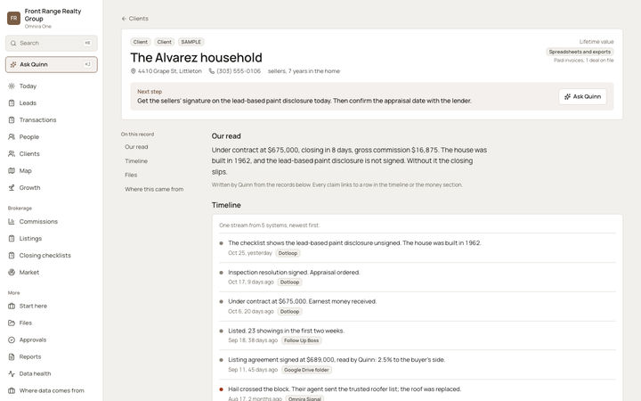 The Omnira One record page for one client household at a sample real estate brokerage. It shows a next step to get a disclosure signed, a short read that the home is under contract at $675,000 and closes in 8 days, and a timeline from five systems, each entry tagged with the system it came from.
