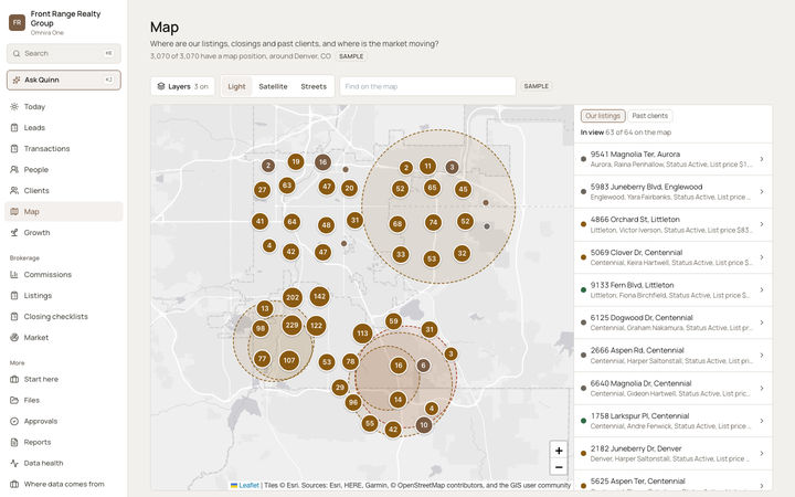 The Omnira One Map page for a sample real estate brokerage. Thousands of listings and past clients around Denver, Colorado are grouped into numbered circles, with circled market areas, a layers control, Light, Satellite and Streets map buttons, and a side list of current listings beside a tab for past clients.
