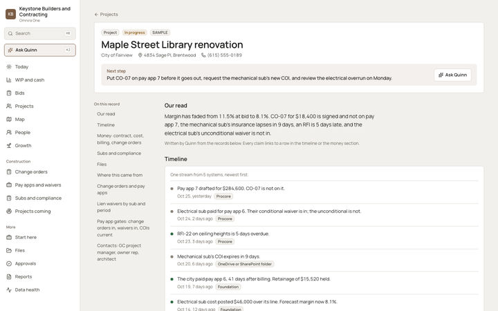 The Omnira One record page for one in-progress library renovation at a sample general contractor. A next step box lists a change order to add to the pay app and an expiring sub insurance certificate. A summary says margin fell from 11.5% to 8.1%, and a timeline lists events, each tagged with the system it came from.