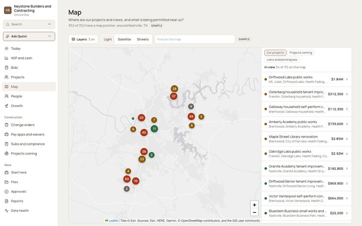 The Omnira One Map page for a sample general contractor, around a mid-sized southern city. Numbered circles group the firm's projects across nearby suburbs. Buttons switch the base map to Light, Satellite or Streets and add projects coming or liens and bond lapses. A side list shows projects in view with contract values.