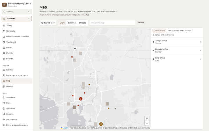 The Omnira One Map page for a sample dental practice around a Florida city. Buttons switch the base map to Light, Satellite or Streets. Shaded squares show where patients come from, and dots and numbered circles mark the offices and nearby new practices and build-outs. A side list shows the three office locations.