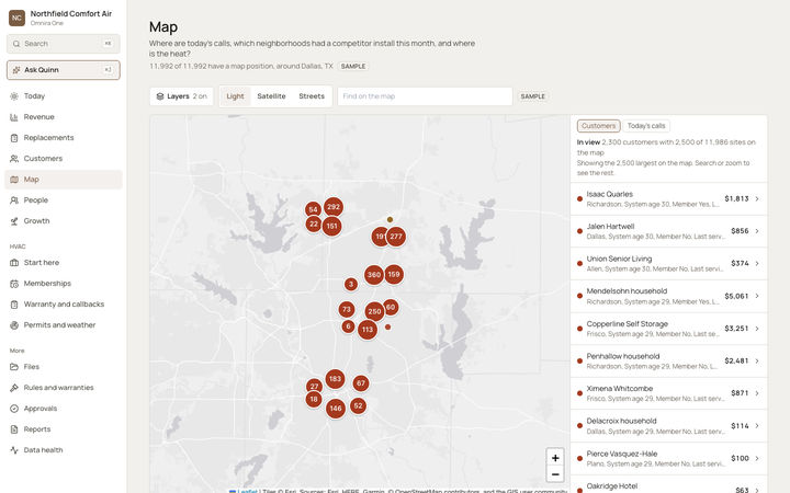 The Omnira One Map page for a sample HVAC company, around a large Texas city. Numbered circles group customers from the northern suburbs down through the city. Buttons switch layers and between light, satellite and streets maps, and a side list shows the customers in view, with a tab for today's calls.