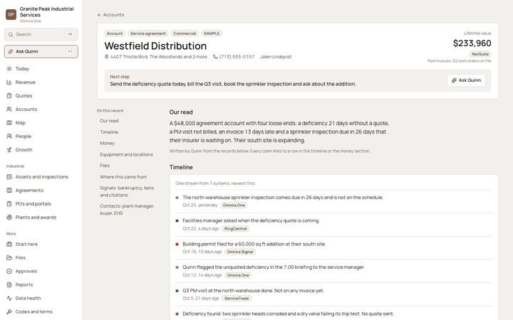 The Omnira One record page for one commercial service agreement account at a sample industrial services company, with its lifetime value shown at top right. A next step box asks to send a deficiency quote and bill a visit. A summary lists four loose ends, and a timeline is tagged with the system each event came from.