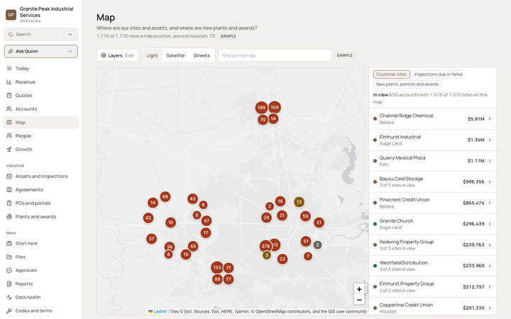 The Omnira One Map page for a sample industrial services company around a large Texas city. Numbered circles group customer sites in several suburbs. Buttons switch the base map to Light, Satellite or Streets and add inspections due or failed or new plants, permits and awards. A side list ranks sites by value.