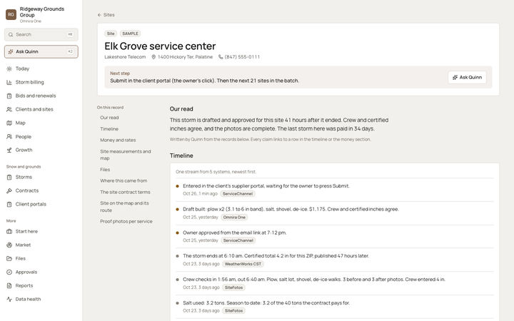 The Omnira One record page for one client site at a sample snow and grounds company. A next step box asks the owner to submit the storm invoice in the client portal. A short written summary says the bill is ready, and a timeline lists storm, crew, salt and approval events, each tagged with the system it came from.