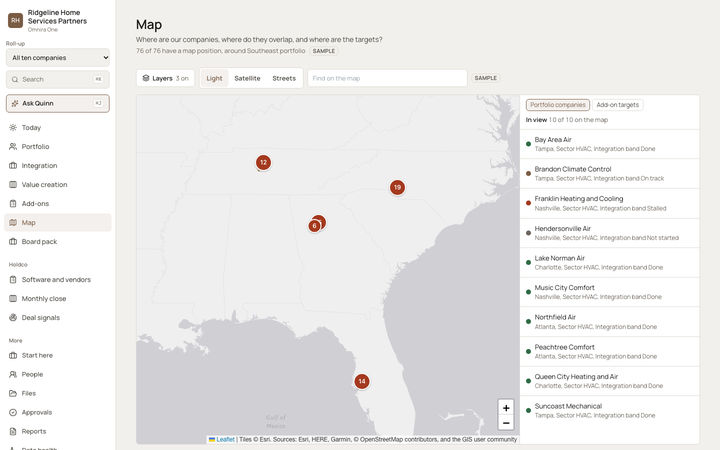 The Omnira One Map page for a sample PE firm. Portfolio companies and targets across the Southeast are grouped into numbered circles near Nashville, Charlotte, Atlanta and Tampa, with a layers control, Light, Satellite and Streets map buttons, a list of the ten companies by city, and a tab for add-on targets.