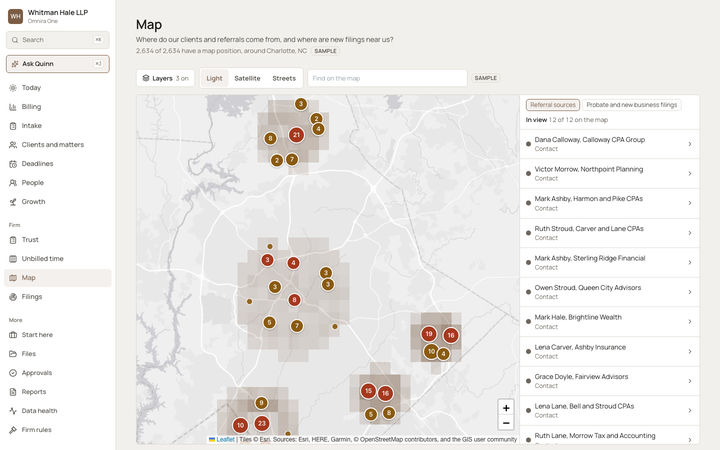 The Omnira One Map page for a sample law firm around a southeastern city. Shaded squares and numbered circles show where clients are. Buttons switch the base map to Light, Satellite or Streets and the layer between referral sources and probate and new business filings. A side list shows referral contacts in view with their firms.