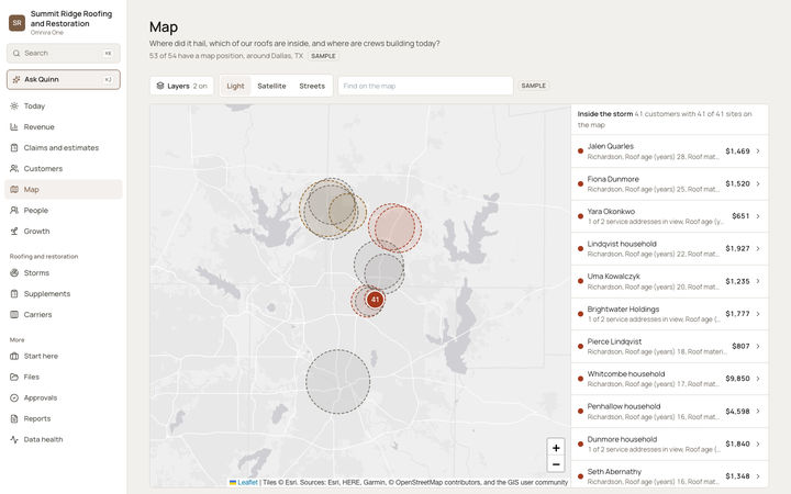 The Omnira One Map page for a sample roofing and restoration company, around a large Texas city. Shaded rings mark a hail and wind path, with a numbered circle of 41 sites inside it. Buttons switch layers and between light, satellite and streets maps, and a side list shows the customers inside the storm with their roof age.